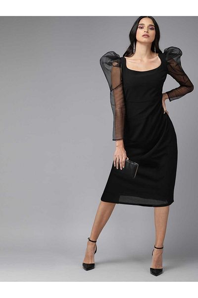 Mish By Styli Square Neck Puff Mesh Sleeve Knee-Length Dress