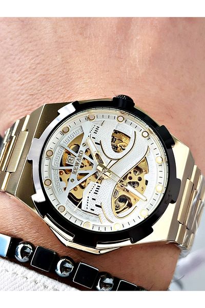 Reward Gold Color Kaaba Pattern Automatic Mechanism Men's Wristwatch + Bracelet