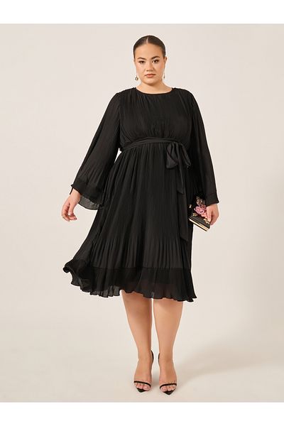 Styli Plus Size Pleated Tie-Waist A-Line Midi Dress