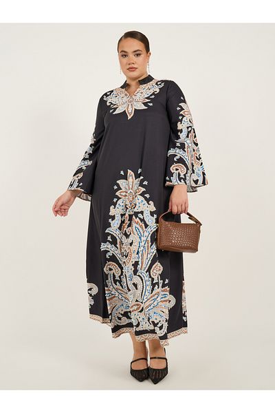 Styli Plus Size Stand Collar Printed A-Line Jalabyia