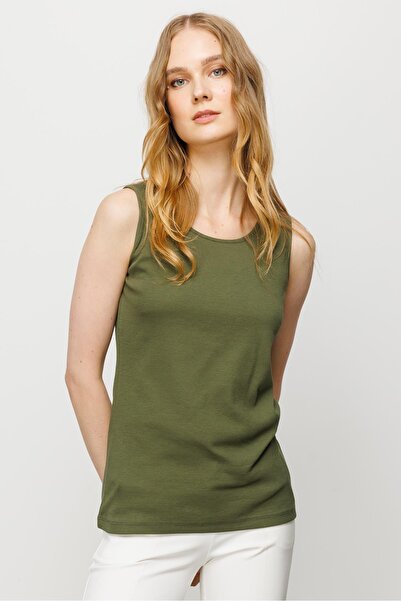 Desen Triko Γυναικείο μπλουζάκι με λαιμόκοψη καμισόλα βαμβακερό λουράκι Χακί