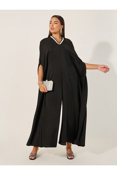 Styli Embellished V Neck Wide Leg Cape Jumpsuit