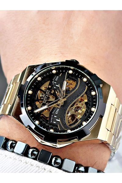 Reward Gold Color Kaaba Pattern Automatic Mechanism Men's Wristwatch + Bracelet