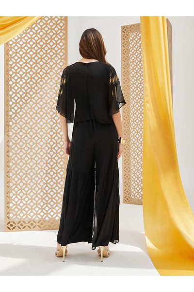 Styli Plisse Wide Leg Embroidered V-Neck Jumpsuit