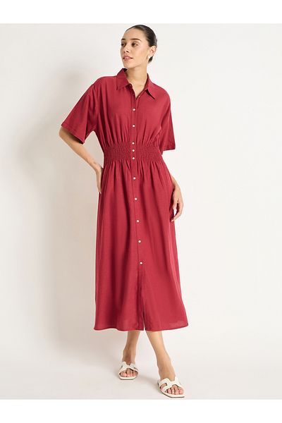 Femmella By Styli Solid Cinched Waist Shirt Midi Dress
