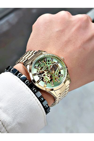 Reward Silver Color Skeleton Model Automatic Steel Band Men Wristwatch + Bracelet