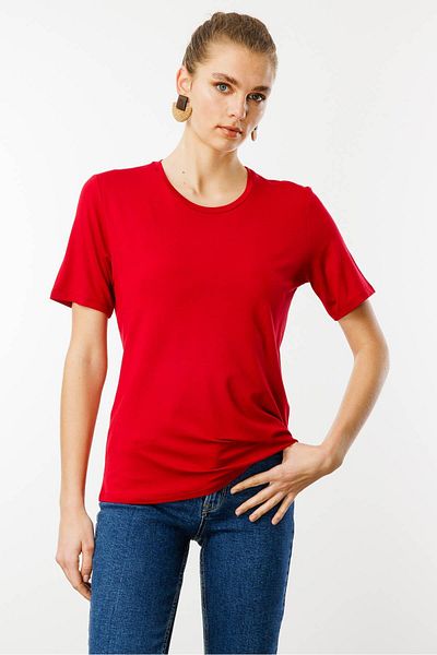 Desen Triko Women's Red Crew Neck Basic T-Shirt