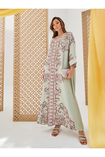 Styli Printed Jalabiya with Faux Pearl Embroidery