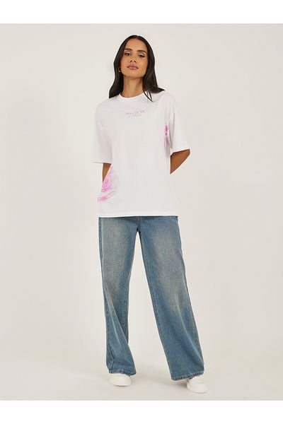 Styli Slogan Print Round Neck Oversized T-Shirt