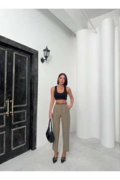 Orihime Kadın Haki Kemerli Pensli Havuç Model Kumaş Pantolon