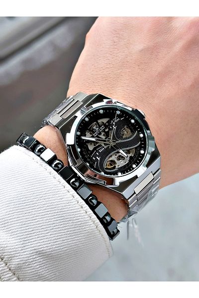Reward Silver Color Kaaba Pattern Automatic Mechanism Men's Wristwatch + Bracelet