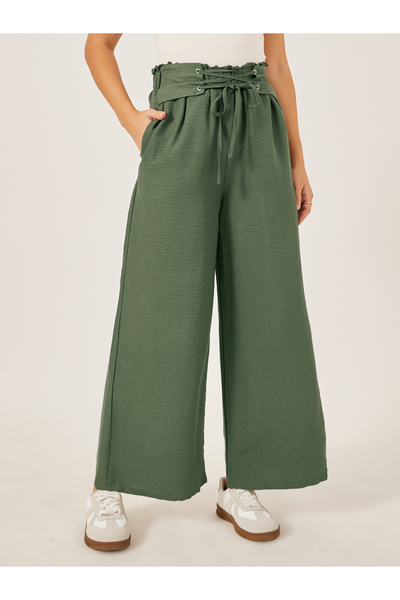 Styli Mid Rise Wide Leg Corset Waistband Pants