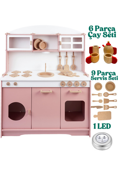 HOBBY HOUSE Ahşap Oyuncak Çocuk Mutfak Çay Seti ve Led Hediyeli