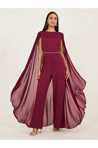 Styli Faux Pearl Detail Waist Cape Sleeves Wide Leg Tailored Jumpsuit