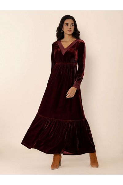 Russty Dustty By Styli Solid Velvet Lace Trim Long Sleeve Maxi Dress
