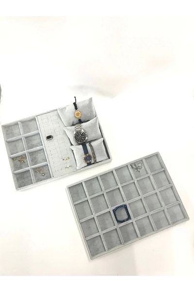 MeGass Dekor Domestic Production Suede Fabric Gray Color Double Set Drawer Inside Jewelry Stand