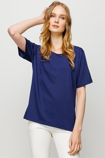 Desen Triko Tricou de damă cu decolteu triplu, din bumbac pieptănat, albastru bleumarin