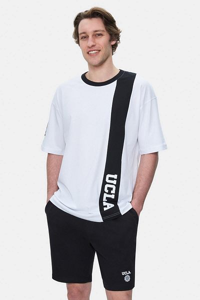 UCLA Tricou supradimensionat pentru bărbați cu decolteu alb cu imprimeu KEITH