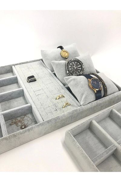 MeGass Dekor Domestic Production Suede Fabric Gray Color Double Set Drawer Inside Jewelry Stand