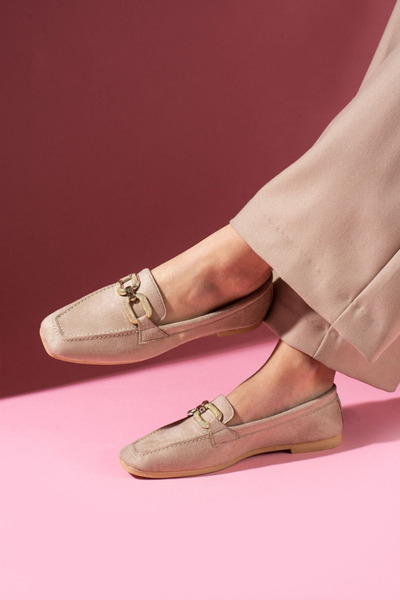 STOCON Κίτρινα Παπούτσια Marlin Beige με χρυσά αξεσουάρ Loafer Ballerina Stc1097