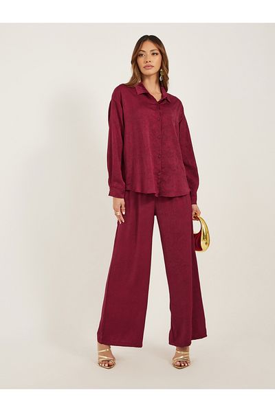 Styli Women Burgundy Textured Satin Shirt and Wide Leg Trousers Co-Ords
