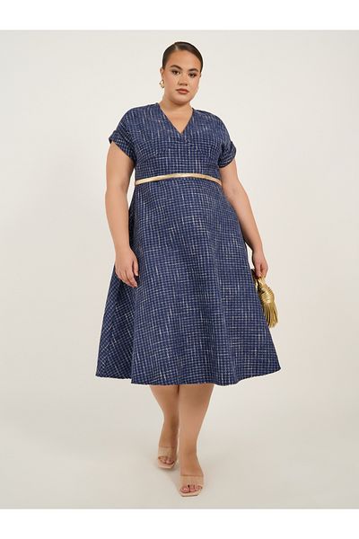 Styli Plus Size Short Sleeves A-Line Midi Dress with Chain Belt