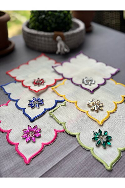 LUXURY نموذج زهرة مطرزة بالكريستال الملون 6 قطع منديل تقديم جانبي للقهوة