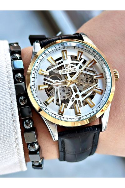 Reward Black Color Leather Cord Skeleton Model Automatic Men Wrist Watch + Bracelet