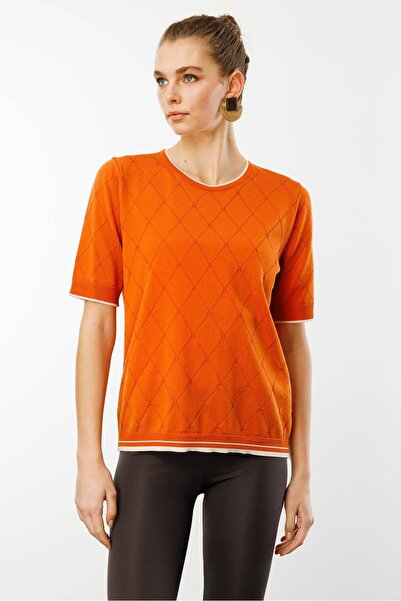 Desen Triko Kadın Sıfır Yaka Baklava Desenli T-shirt Oranj