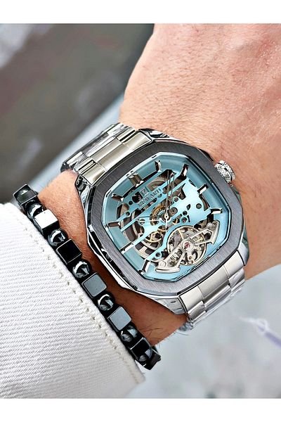 Reward Silver Color Automatic Skeleton Square Model Mechanism Men Wristwatch + Bracelet