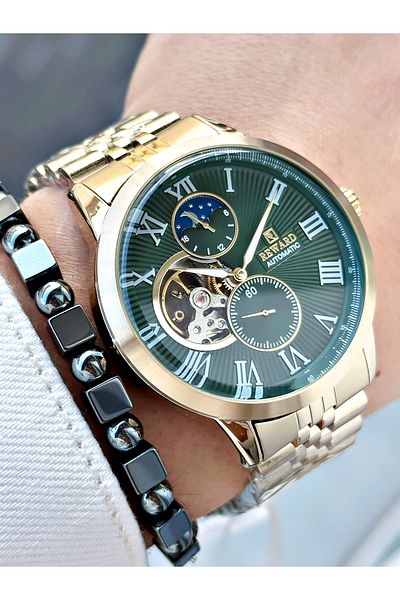 Reward Gold Color Automatic Mechanism Roman Numeral Men's Wrist Watch + Bracelet