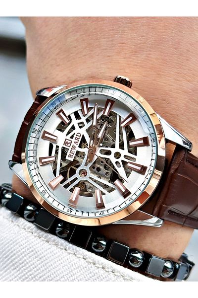 Reward Coffee Color Leather Cord Skeleton Model Automatic Men Wrist Watch + Bracelet