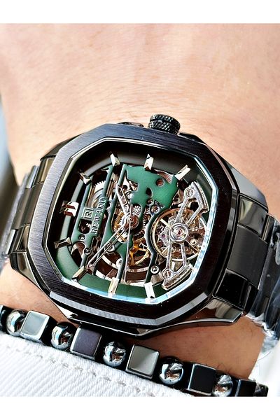 Reward Black Color Automatic Skeleton Square Model Mechanism Men's Wrist Watch + Bracelet