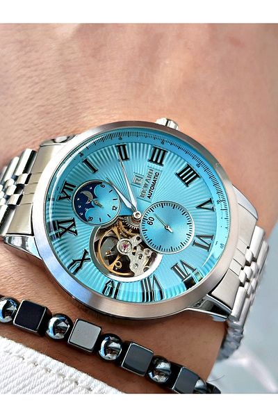 Reward Silver Color Automatic Mechanism Roman Numeral Men Wristwatch + Bracelet