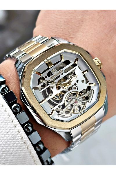 Reward Gold Silver Color Automatic Skeleton Square Model Mechanism Men Wristwatch + Bracelet