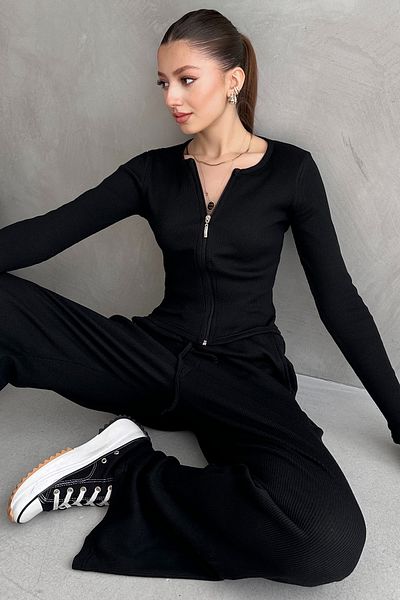 EYYE Black Camisole Pants Zipper Blouse Women's Bottom Top Set