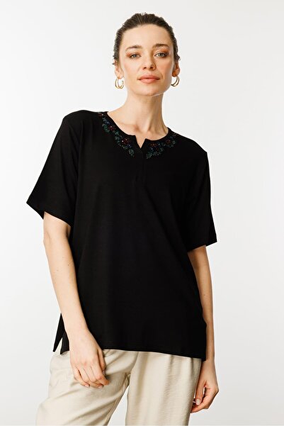 Desen Triko Women's Open Collar Lace Flower Embroidered Combed Cotton T-Shirt...