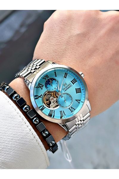 Reward Silver Color Automatic Mechanism Roman Numeral Men Wristwatch + Bracelet