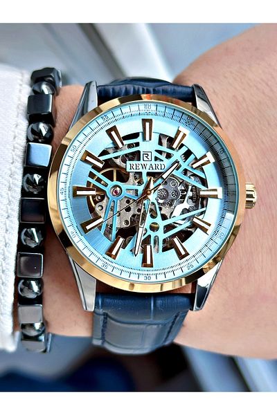 Reward Navy Blue Color Leather Cord Skeleton Model Automatic Men Wrist Watch + Bracelet