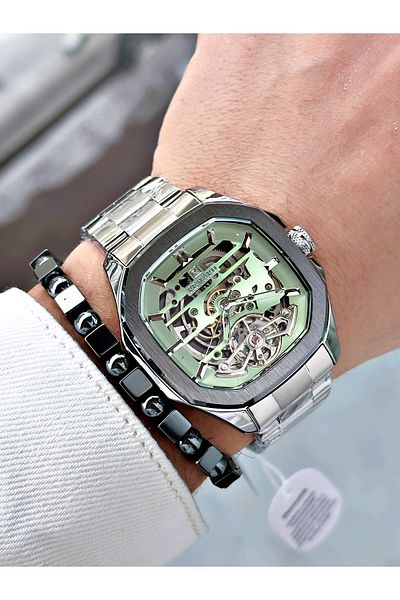 Reward Silver Color Automatic Skeleton Square Model Mechanism Men Wristwatch + Bracelet