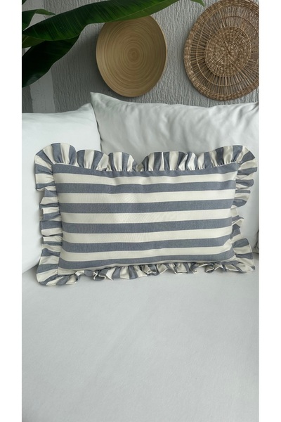 Decamor home Indigo Blue Ecru Striped Premium Linen Fabric Ruffled Throw Pillow Cover 1 Piece