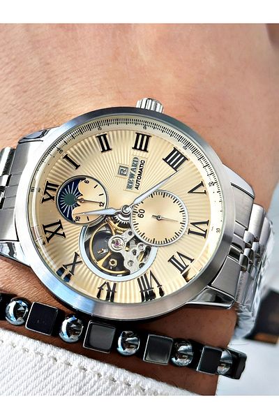 Reward Silver Color Automatic Mechanism Roman Numeral Men Wristwatch + Bracelet
