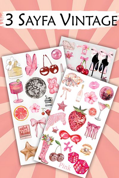 Grafikup 3 Sheets Pink Vintage Sticker Set - Notebook Laptop Water Bottle Label