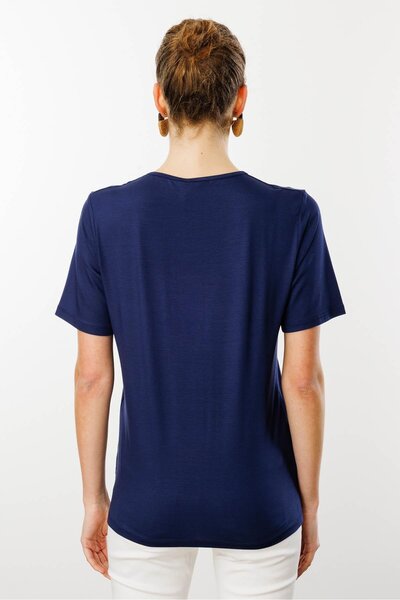 Desen Triko Жіночий футболка з відкритим коміром та вишивкою, трикотаж, темно-синій