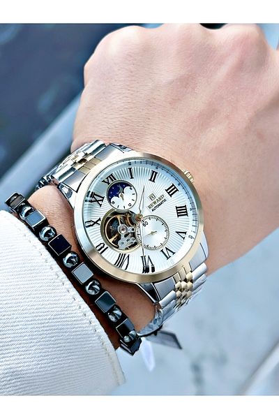 Reward Gold Silver Color Automatic Mechanism Roman Numeral Men Wristwatch + Bracelet