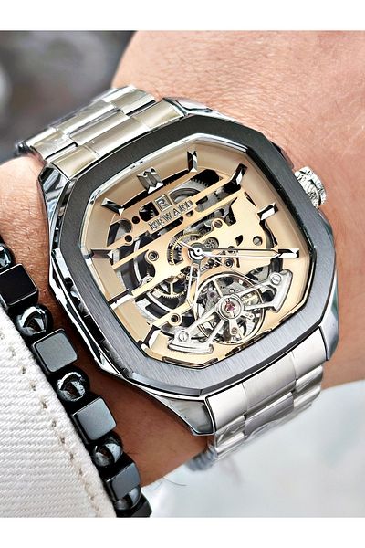 Reward Silver Color Automatic Skeleton Square Model Mechanism Men Wristwatch + Bracelet