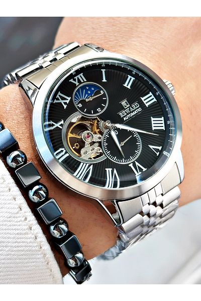 Reward Silver Color Automatic Mechanism Roman Numeral Men Wristwatch + Bracelet