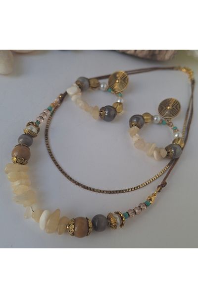azra takı tasarım Natural Stone Mother of Pearl Women's Necklace and Dangle Earrings Set