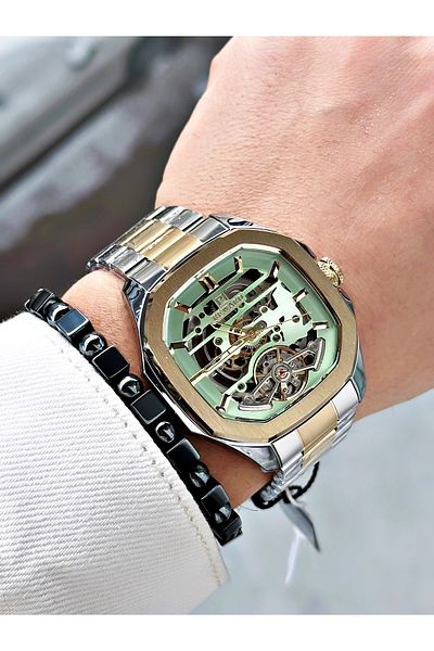 Reward Gold Silver Color Automatic Skeleton Square Model Mechanism Men Wristwatch + Bracelet