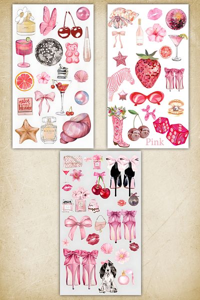 Grafikup 3 Sheets Pink Vintage Sticker Set - Notebook Laptop Water Bottle Label